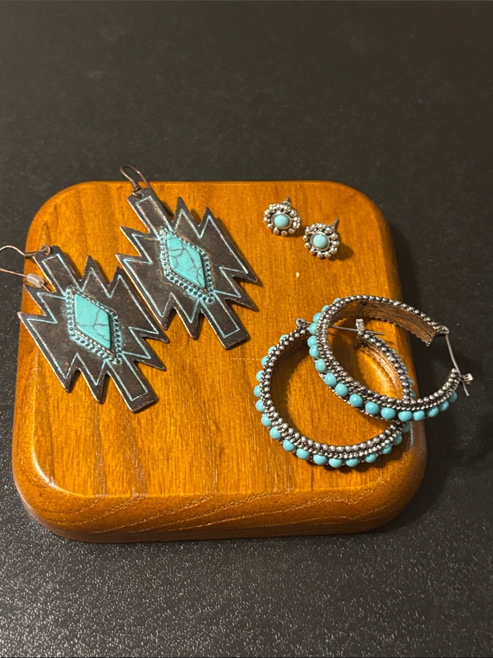 Southwestern Blue Turquoise Color Accented Silver Tone Hoop & Dangle Earrings